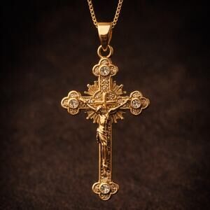 Traditional Catholic Christian Crucifix Necklace – Gold CZ Cross 1mm Box Chain
